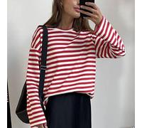 DIANN T-Shirt a Righe Classiche in Cotone Allentato Primaverile T-Shirt Casual a Maniche Lunghe con Scollo a O Collo Semplice T-Shirt a Tutto fiammifero Lady-Red 1,M