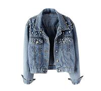 DianShaoA Giacca Di Jeans Donna Perla Giacca Casual Allentata Manica Lunga Cardigan Outwear Blu 5Xl