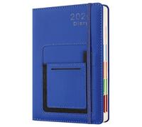 Diario accademico 2026, agenda con linguetta mensile colorata, tasca anteriore/interna, chiusura elastica (blu), formato A5, pagina al giorno da gennaio a dicembre