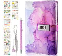 Diario con serratura per ragazze e donne, A5 in pelle PU con password per regali, 200 pagine, taccuini segreti marmorizzati viola con penna, segnalibro e adesivi carini