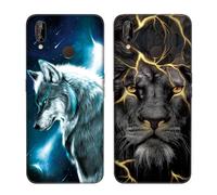 DiaryTown 2 Cover per Huawei P20 Lite Custodie TPU Silicone con Bello Animale Disegno Motivi Antiurto Protettivo Nero Cover Gomma Ultra Sottile Morbido Cover per Huawei P20 Lite - Lupo/Leone D'Oro