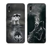 DiaryTown 2 Cover per Huawei Y6 2019 Custodie TPU Silicone Morbida con Bello Animale Disegno Motivi Antiurto Protettivo Nero Cover Gomma Ultra Sottile Morbido Cover per Huawei Honor 8A - Cane/Lupo