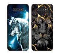 DiaryTown 2 Cover per Samsung S10 Plus Custodie TPU Silicone con Bello Animale Disegno Motivi Antiurto Protettivo Nero Cover Gomma Ultra Sottile Morbido Cover per Galaxy S10 Plus - Lupo/Leone D'Oro