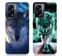 DiaryTown 2 Pezzi Cover per Oppo A57 5G / 4G (2022) Custodia, Nero TPU Silicone Morbida Ultra Sottile Back Case con Bello Disegno Motivi Antiurto Smartphone Protettivo Cover per Oppo A77 5G - Lupo