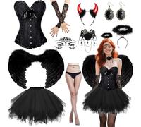 Diavolo, costume da donna, 10 pezzi, nero angelo, set gotico con corsetto, gonna in tulle nero, ali d'angelo, alone, corna del diavolo, guanti per Halloween, carnevale, cosplay, Halloween (s)