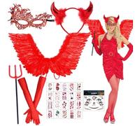 Diavolo Costume Donna con Ali Rosse e Corna Rosse, Forcone Halloween, Cosplay Feste