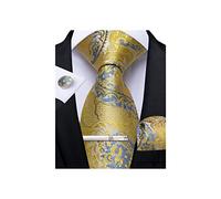 DiBanGu Cravatta da uomo in seta con motivo cachemire floreale e gemelli quadrati da taschino, set classico formale per feste di nozze, giallo chiaro, 150