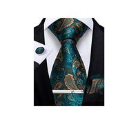 DiBanGu Cravatta da uomo in seta con motivo cachemire floreale e gemelli quadrati da taschino, set classico formale per feste di nozze, Verde acqua e marrone, 150
