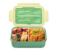 Diboniur Porta Pranzo, Lunch Box con Posate, 1400ml Schiscetta Pranzo Bento Box con 3 Scomparti Contenitore Pranzo Ufficio Microonde (Verde)
