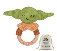 DICHA Sonaglio Neonato in Legno e Uncinetto - Set Sensoriale con Anello Dentizione in Faggio - Giocattolo Montessori per Fan di Star Wars "The Child"