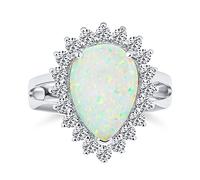 Dichiarazione a goccia a forma di pera grande alone 10CT creato anello di fidanzamento opale bianco Cattedrale Impostazione Anello gemma .925 Pietra portafortuna di ottobre in argento sterling