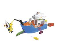 Dickie summer shark attack, barca cm. 50, con luci e suoni: gru che si muove, barca di salvataggio, inclusi 1 automobile die-cast, un elicottero, 1 sottomarino squeezy, 1 squalo