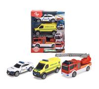 Dickie Toys 203712015018-3-Pack veicoli di salvataggio danesi - SOS Team danese di protezione civile ambulanza, camion dei pompieri e auto della polizia con ruota libera, dai 3 anni in su