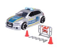 Dickie Toys - Audi RS3 - 15 cm auto della polizia con blocco stradale e pilone, luce e suono, azionamento frizione, per bambini dai 3 anni in su