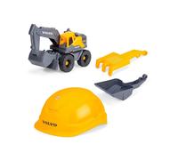Dickie Toys - Set da cantiere Volvo Tough Excavator (4-TLG.) - grande escavatore giocattolo (26 cm) con casco, pala e setaccio per rastrello, giocattolo per auto e sabbia per bambini dai 3 anni in su