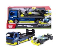 Dickie Toys Formula Transporter Team Split 35 cm, camion con auto da corsa, auto giocattolo per bambini dai 3 anni in su, con frizione, luce e suono, piattaforma allungabile, funzione Try Me