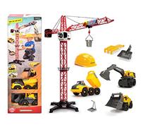 Dickie Toys - Giocattolo da cantiere Volvo (set da 9 pezzi) - per bambini dai 3 anni in su, gru alto 1 metro, 3 veicoli da cantiere (caricatore, escavatore, carico ribaltabile), giocattolo per sabbia e casco