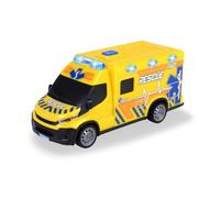 Dickie Toys - Iveco Daily ambulanza (giallo, 18 cm) - veicolo di salvataggio con luce, suono e accessori giocattolo (batterie incluse), auto giocattolo per bambini dai 3 anni in su
