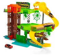 Dickie Toys - Auto Rennbahn Jungle Garage (50 x 55 x 32 cm) con auto giocattolo in metallo - Parcheggio su 3 piani con ascensore e tunnel, autostrada giocattolo per bambini dai 3 anni in su