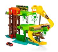 Dickie Toys - Auto Rennbahn Jungle Garage (50 x 55 x 32 cm) con auto giocattolo in metallo - Parcheggio su 3 piani con ascensore e tunnel, autostrada giocattolo per bambini dai 3 anni in su