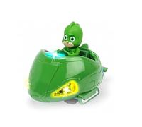 Dickie Toys PJ Masks Mission Racer Geco - Veicolo ruote libere, pressofuso, luci e suoni, riproduzione della sigla del cartone animato figura Geco, 12 cm, verde, con batterie