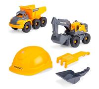 Dickie Toys - Set da Cantiere Volvo Construction (5-TLG.) - Grande Escavatore Giocattolo e Camion Ribaltabile (26 cm) con Casco, Pala e colino per rastrello, Giocattolo per Auto e Sabbia per Bambini