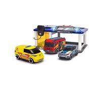 Dickie Toys - Stazione S.O.S per bambini a partire dai 3 anni (31 x 22 cm) con 3 auto giocattolo (auto della polizia, ambulanza, camion dei pompieri), stazione dei vigili del fuoco e della polizia con