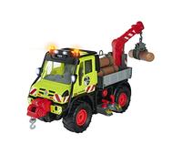 Dickie Toys Unimog - Trasportatore di legno con verricello elettrico e braccio gru con comando a joystick, suono e luce, per bambini dai 3 anni in su