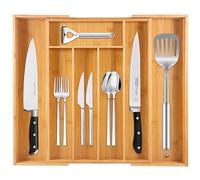 DICLLY Portaposate da Cassetto in Bambù - Espandibile 5 a 7 Scomparti,Vassoio da Posate Cucina,Porta Posate Cucina Bambù Naturale Regolabile 32.2x43/50x43cm,Ideale per Cucchiai,Forchette e Coltelli