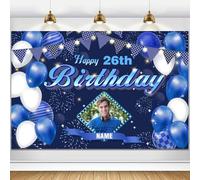 Dicodes Personalizzato Banner di Happy Birthday Personalizzato Forniture di Festa di Compleanno Fotografia Banner Decorazione Sfondo Interno ed Esterno Cintura Decorazione Foto(Navy Blue Grid)