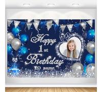 Dicodes Personalizzato Navy Blue e Silver Happy 1 anno Birthday Tema Banner Decorazione di Sfondo della Festa di Buon Compleanno Nome e Foto Personalizzati(1 anno)