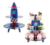 DICOSMETIC 2 pezzi 3 ripiani Space Cupcake Stand carta dessert torre espositore in cartone per cupcake a tema razzo porta torta supporto per feste di compleanno accessori e decorazioni