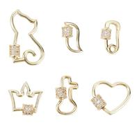 DICOSMETIC 6 Pezzi 6 Stili Ottone Zirconia Viti Moschettone Pendente Lucchetto Vero Oro 18K Placcato Moschettone Collana Charm All'ingrosso Cuore Gatto Chiave Bottiglia Moschettone Clip