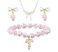 DICOSMETIC Set di gioielli con perline a fiocco, 1 collana con fiocco dorato, 1 paio di orecchini a perno in ottone, 1 braccialetto elastico in porcellana stampata a mano con fiore per donne