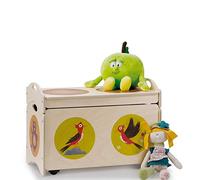 Dida - i Pancotti, Panca Portagiochi Multifunzione in Legno con Ruote e Coperchio, Decorata con Motivi di Orsi, Ranocchi e Picchi, Contenitore Spazioso e Versatile per la Camera dei Bambini