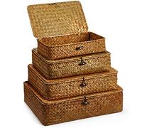 Didaey Set di 4 cestini in vimini con coperchio, contenitori decorativi con coperchio, contenitori piatti in tessuto, per mensole, armadi, camera da letto, 4 misure (marrone)