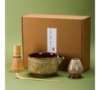 DiDiBirDi Matcha Set da tè 4 pezzi in ceramica, ciotola giapponese Matcha, frusta Matcha (Chasen), pala (Chashaku), supporto per frusta (marrone)