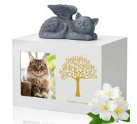 DiDiBirDi Scatole di cremazione per animali domestici, urna bianca in legno, con statua di angelo di gatto in resina e sacchetto