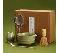 DiDiBirDi Set da tè Matcha, 5 pezzi, ciotola in ceramica giapponese, frusta in bambù Matcha (Chasen), paletta (chashaku), setaccio in acciaio inox, supporto per frusta (verde matcha)