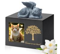 DiDiBirDi Urna di Cremazione per Gatto e Animali Domestici - Urna Nera in Legno Con Statua di Gatto in Resina