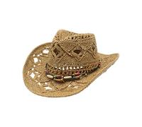 DIDILLX Cappello da sole in paglia scavata traspirante Western Panama classico vacanza con fascia di perline per molteplici occasioni da indossare all'aperto cappello, cachi, Taglia unica