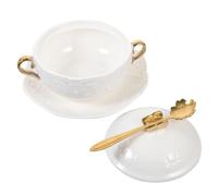 Didiseaon Set 1 Ciotola Doppia con Manici in Ceramica Bianca con Coperchio, Cucchiaio e Disco, Resistente e Facile da Trasportare, per Colazione e Dessert Stili multipli
