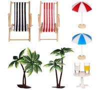 Didiseaon Set di paesaggi da spiaggia in miniatura con palme, ombrelloni, mini palme, ombrelloni, sedie a sdraio, bevande, tavolino rotondo, ornamento per