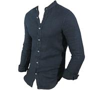 DIDYUGO Camicia Uomo in Lino Manica Lunga Collo alla Coreana Slim Fit S M L XL XXL XXXL (S - Blu)