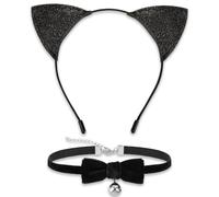 DIELOVEHUA 2PCS Gatto Cosplay Set, Orecchie Gatto e Girocollo con Campanella e Fiocco, Cerchietto Gatto, Accessori per Costume da Gatto per Donne e Ragazze Halloween Carnevale Festa, Nero