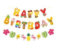 DIELOVEHUA Striscione di Compleanno Hawaiano, Happy Birthday Banner Colorato, Tropicali Ghirlanda Frutta Fenicotteri Banner, Decorazioni per Feste Hawaiane