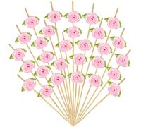 DIELOVEHUA Stuzzicadenti da Cocktail, 100 Pezzi Spiedini da Cocktail Fiore, con Decorazioni Fiore e Foglie Verdi, 12cm, per Estate, Feste di San Valentino, Compleanno e Matrimoni (Rosa)