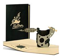 H17AMZ - Biglietto pop-up 3D per gli appassionati di tatuaggi, con pistola per tatuaggi, biglietto di compleanno, coupon per tatuaggi