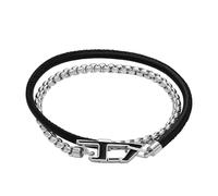 Diesel Bracciale da Uomo, Acciaio Inossidabile/Pelle, Doppia Catena con Logo, Lunghezza 41 cm, Nero