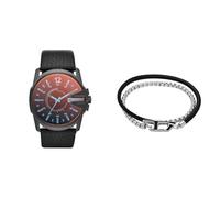Diesel orologio da uomo Master Chief in pelle nera e bracciale in acciaio inossidabile color argento, set